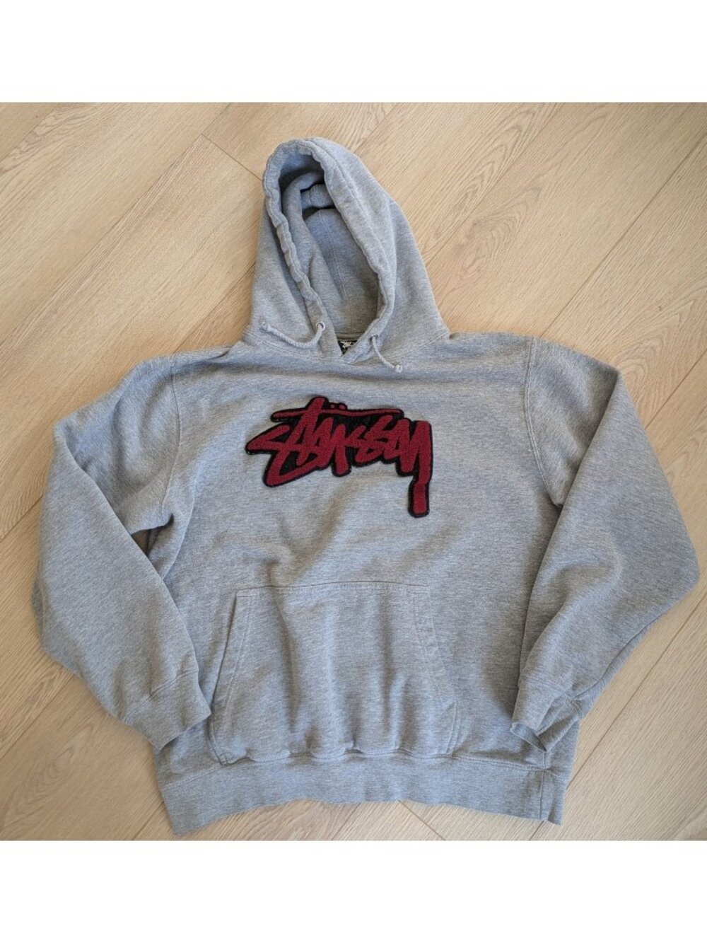 Vintage Stüssy Fleece Stock Logo Hoodie Made in USA Size L Grey Y2K 90s
